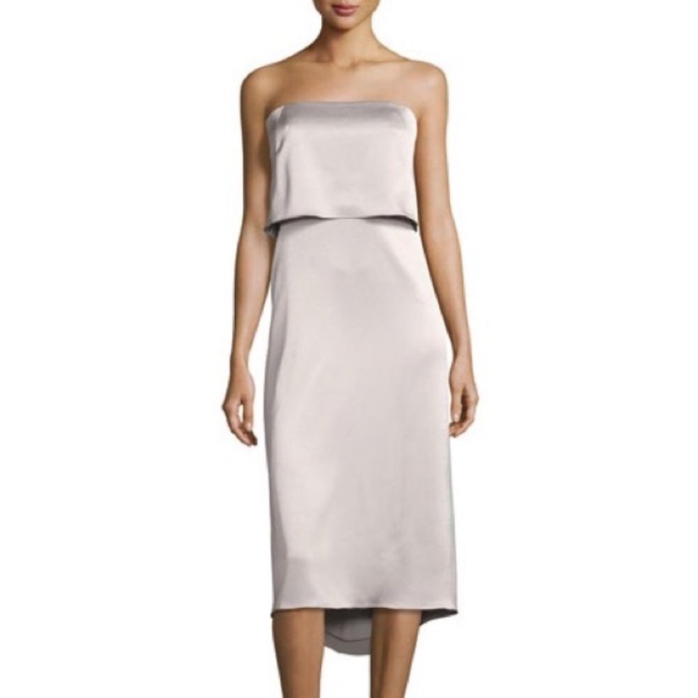 Halston Heritage NWT Satin Silver Fog Strapless Midi Dress